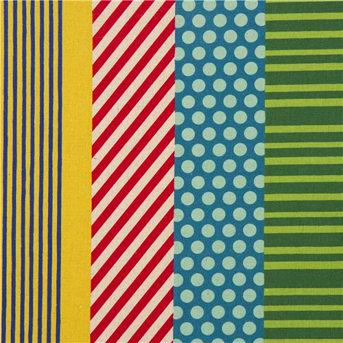 Tissu enduit lamin Echino Kikka  bandes jaune-rouge-bleu Tissu