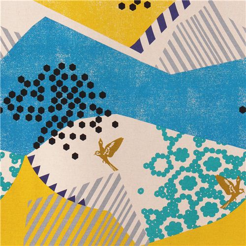 Toile echino lamine landscape avec des montagnes, des oiseaux, bleu-jaune Tissu