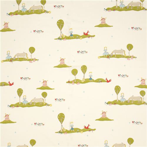 ecru birch organic fabric with children, horse and windmill 2