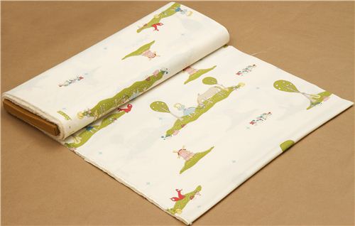 ecru birch organic fabric with children, horse and windmill 3