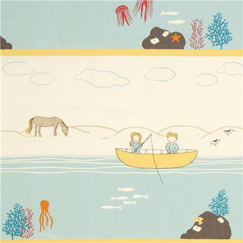 ecru birch organic fabric with sea, boat, children, windmill 1