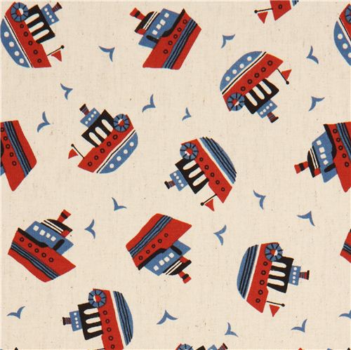 Toile Kokka écru avec des bateaux et des mouettes Tissu