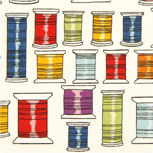 ecru Stoff von Alexander Henry mit bunten Garnspulen Stoff