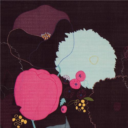 eggplant Kokka gauze fabric with big flowers du Japon1