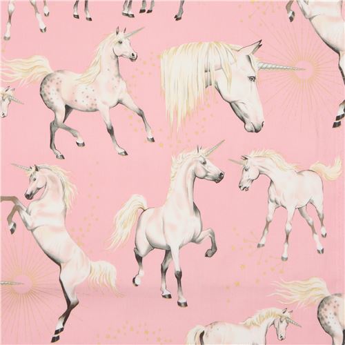 Tela con unicornios de Alexander Henry con adornos dorados metalizados Tela