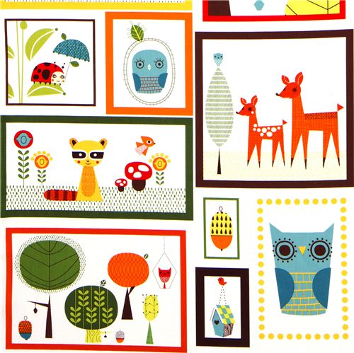 fabric animals in rectangulars owl Retro Robert Kaufman 1
