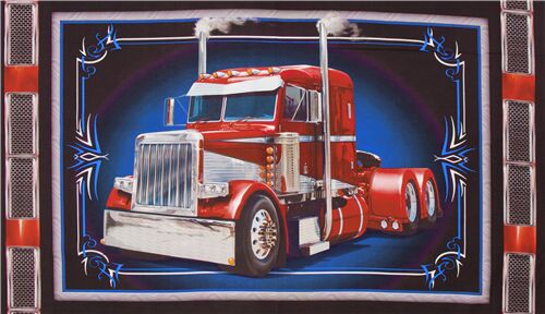 Tissu en coton  panneaux avec un camion amricain rouge Tissu