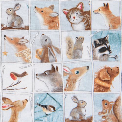Stoff mit Hirsch Eule Hase Katze in Quadraten von Quilting Treasures Stoff