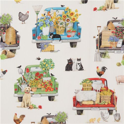 Farm Animal Pick up Trucks Flowers Fabric