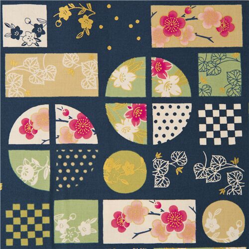 Japanese Window Pane Gilded Gold Florals Patterns Fabric by Cosmo Fabric