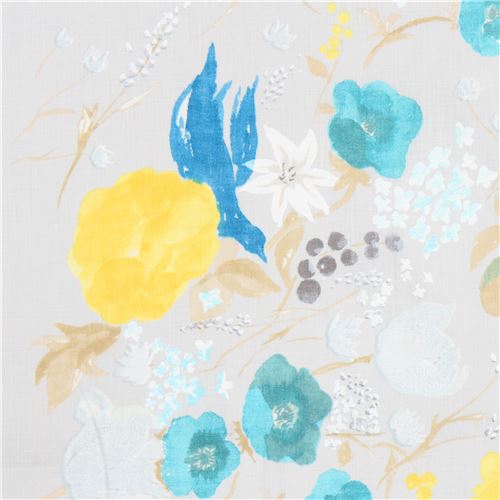 Graues Leinengewebe mit Blüten und Vögeln von Kokka Stoff