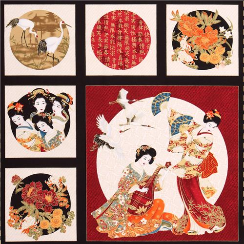 flower geisha gold panel fabric Timeless Treasures Kabuki Fabric