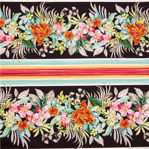 tessuto foglie orchidee strisce nere fiori tropicali palme Tessuto