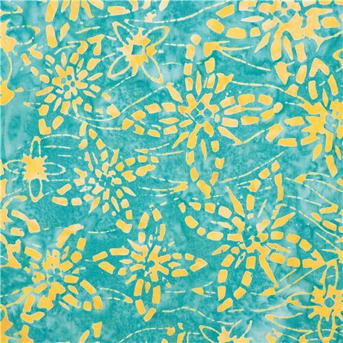 Tissu batik bleu et jaune fleurs à quatre pétales Tissu
