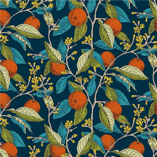 Remnant (45 x 110 cm) - fruit fabric in teal with leaves and oranges by Liberty Fabrics 2