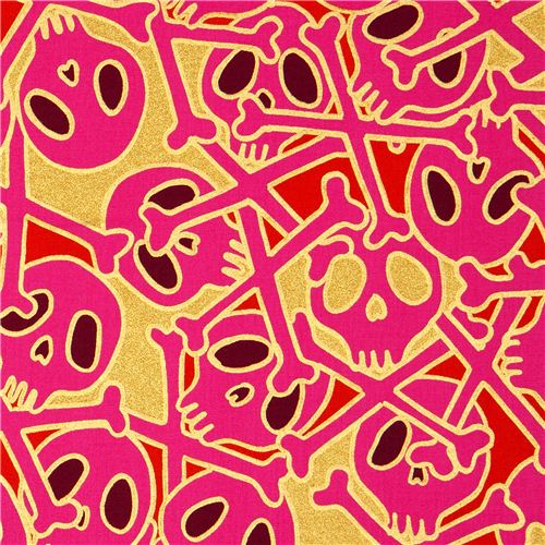 fuchsia Alexander Henry skull fabric with gold Fabric