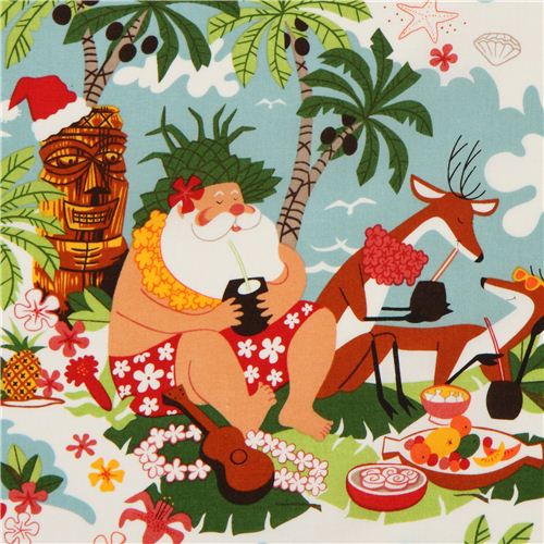 funny Christmas fabric Alexander Henry Surfin' Santa USA Fabric