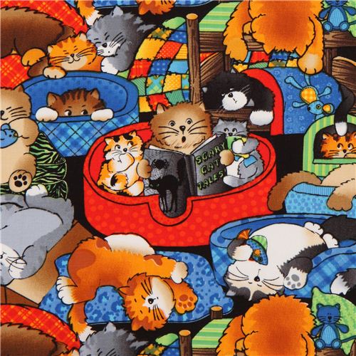 Simpatico tessuto gatti con fumetti, Timeless Treasures, USA Tessuto