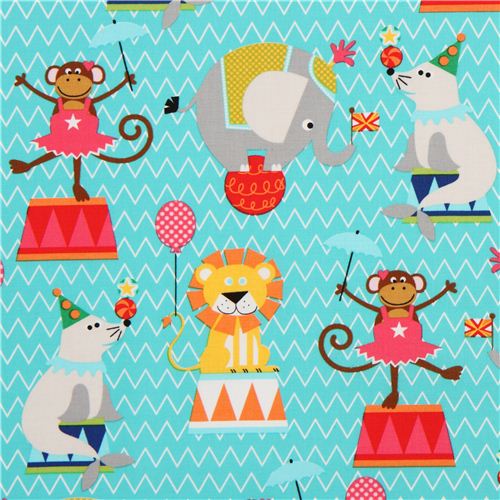 funny turquoise circus animal fabric by Michael Miller Fabric