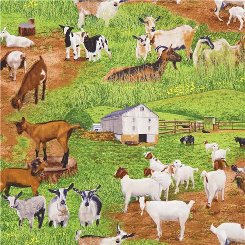 Tela algodn con granja terreno pasto hierba tierra y cabras chivos ganado Tela