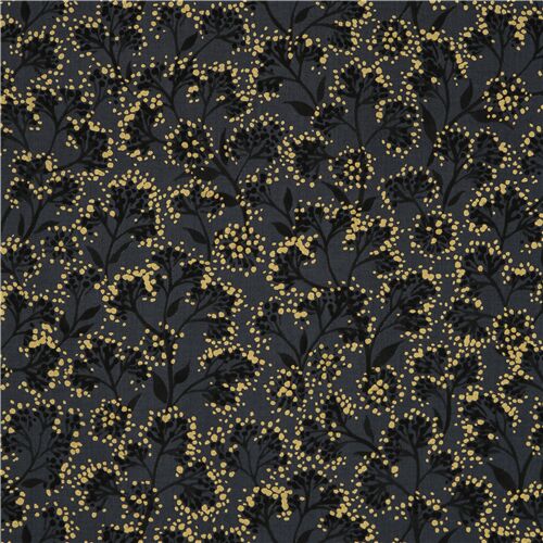 Tela algodón negra flores detalle polen dorado metalizado Robert Kaufman Tela
