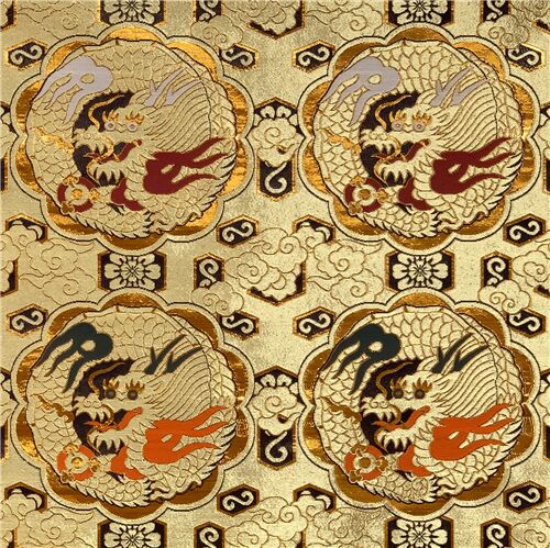 golden kimono fabric from Japan dragon dark red ornamental brocade Fabric