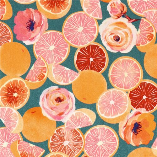 Grapefruit Slices Peach Roses Florals Fabric