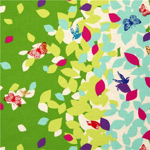 green echino canvas fabric leaves & birds from Japan 1