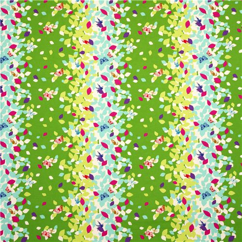 green echino canvas fabric leaves & birds from Japan 2