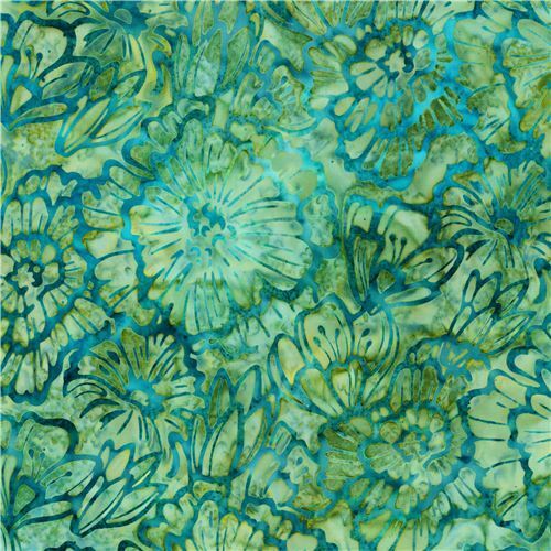 Tissu Batik Robert Kaufman vert avec des fleurs Tissu