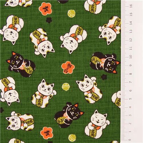Resto de (50 x 112 cm) - Tela verde tramada algod�n dobby Jap�n gato de la suerte maneki neko flor s 3