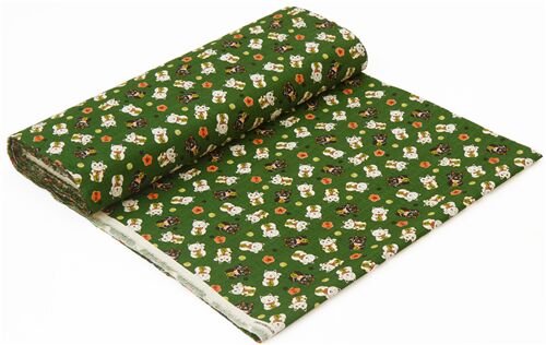 Resto de (50 x 112 cm) - Tela verde tramada algod�n dobby Jap�n gato de la suerte maneki neko flor s 4