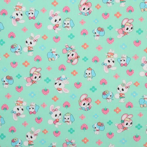 gr�ner japanischer Stoff Hasen H�ndchen Erdbeere Blumen 2