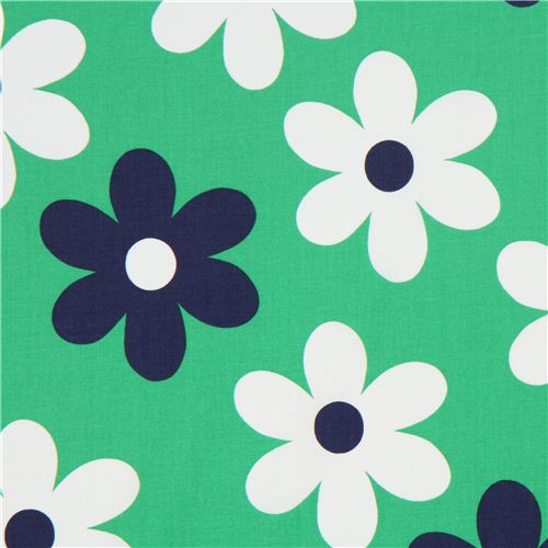 Tela verde de Michael Miller con flores blancas y azules Tela