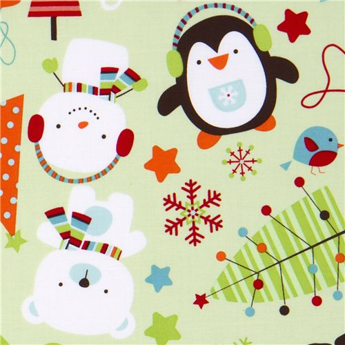 green Riley Blake Christmas fabric penguin snowman Fabric