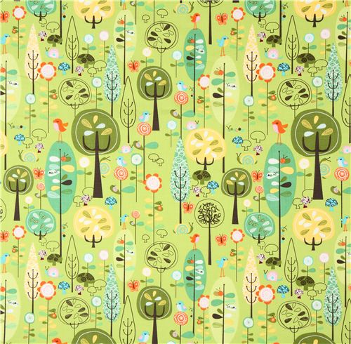 green Riley Blake fabric forest with birds mushrooms 1