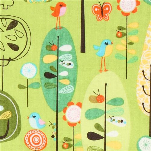 green Riley Blake fabric forest with birds mushrooms 2
