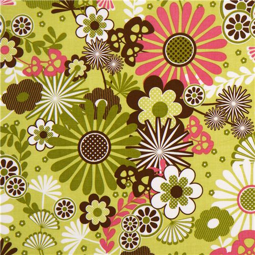 Tela verde de Riley Blake con flores rosas y marrones Tela