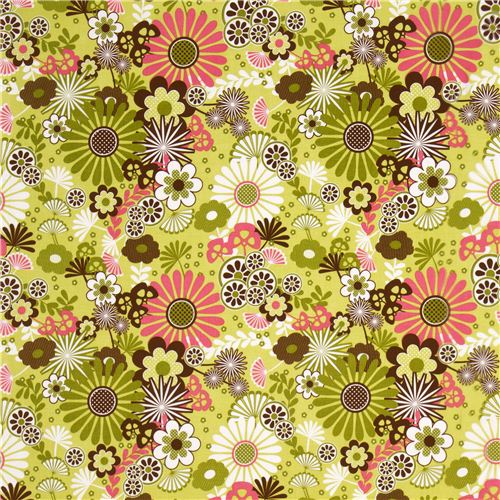green Riley Blake fabric with pink & brown flowers 2