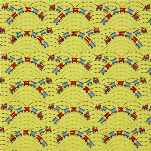 green Riley Blake fabric with train locomotive USA 2