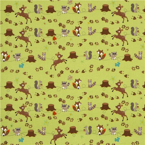 green Riley Blake flannel fabric deer fox racoon paw 2