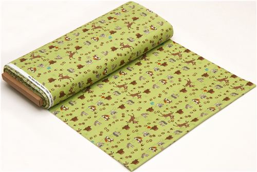 green Riley Blake flannel fabric deer fox racoon paw 3