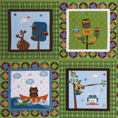 grüner Riley Blake Paneel Stoff kawaii Eulen Stoff