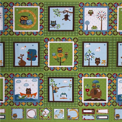 green Riley Blake panel fabric kawaii owls 2