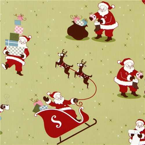 Tessuto verde con Babbo Natale e renne, da Robert Kaufman Tessuto