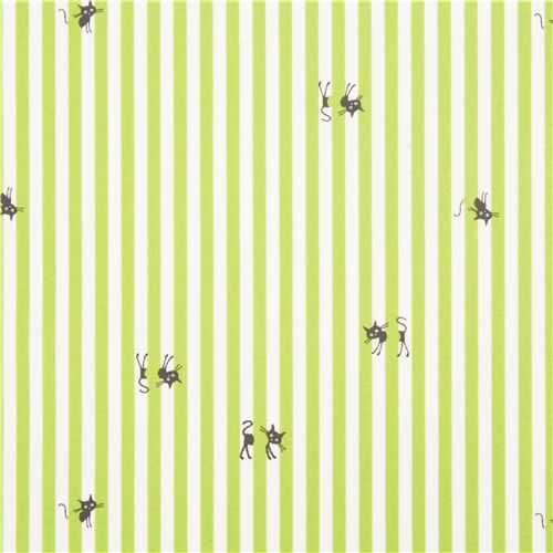 Tissu lamin vert et blanc  rayures avec des petits chats noirs qui se cachent Tissu