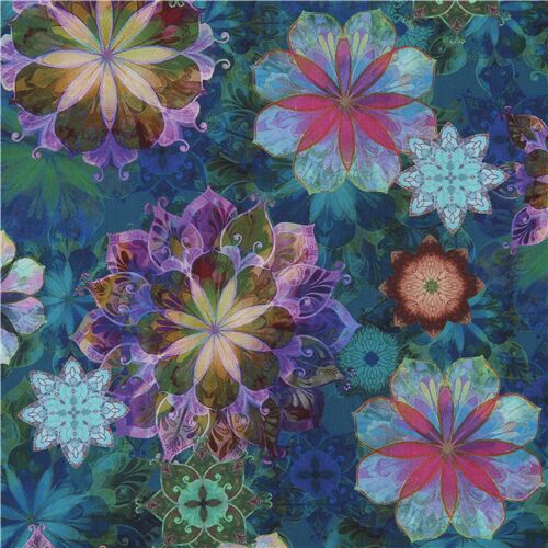 green blue Robert Kaufman colorful flower medallion fabric Fabric