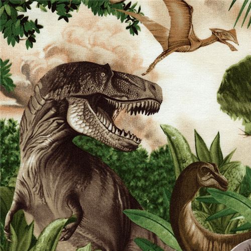 Stoffrest (14 x 112 cm) - Grünbrauner bunte Dinosaurier Wasser Stoff von Timeless Treasures
