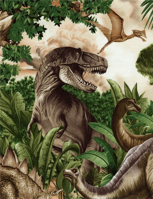 Stoffrest (14 x 112 cm) - Grünbrauner bunte Dinosaurier Wasser Stoff von Timeless Treasures 2