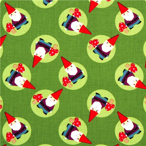 green designer fabric with tossed gnomes and mushrooms 1